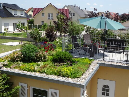 Intensive Dachbegrünung in der Planung mit strukturreichen Pflanzflächen, robustem Aufbau und nachhaltigem Wassermanagement für anspruchsvolle Gebäudeprojekte.